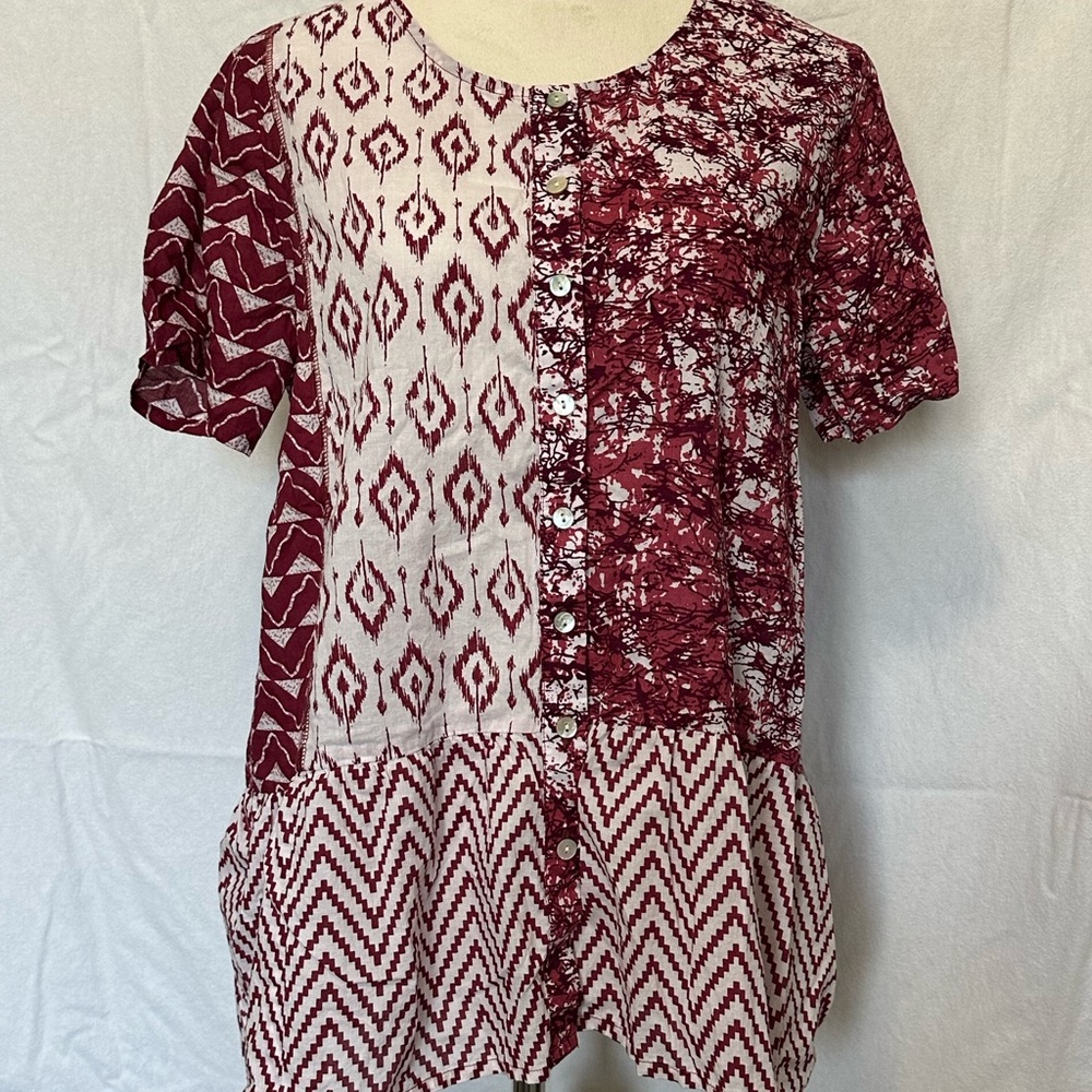 LOGO by Lori Goldstein Print Blouse with Dark Red and Cream Patterns